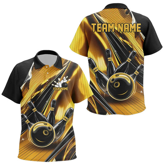 Custom Black And Gold Bowling Jerseys For Kid, Bowling Team Polo Shirts With Name IPHW8016