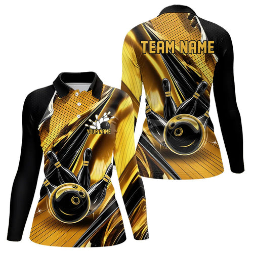 Custom Black And Gold Bowling Jerseys For Women, Bowling Team Long Sleeve Polo Shirts IPHW8016
