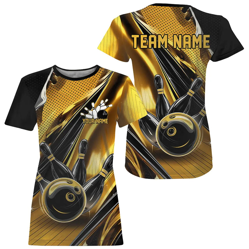 Custom Black And Gold Bowling Jerseys For Women, Bowling Team T-Shirts With Name IPHW8016