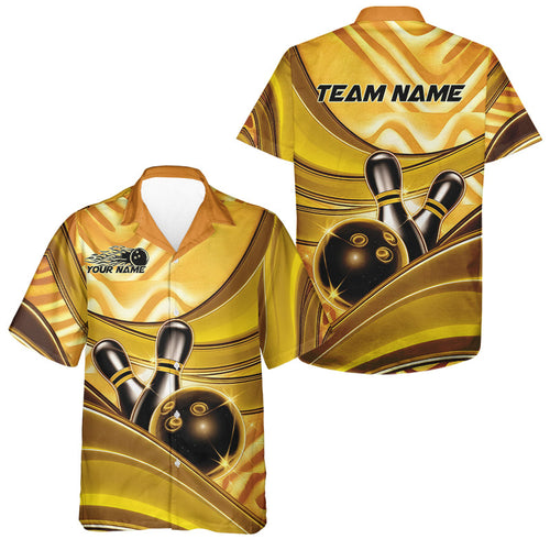 Custom Black And Gold Bowling Jerseys For Men, Bowling Team Hawaiian Shirts With Name IPHW8017