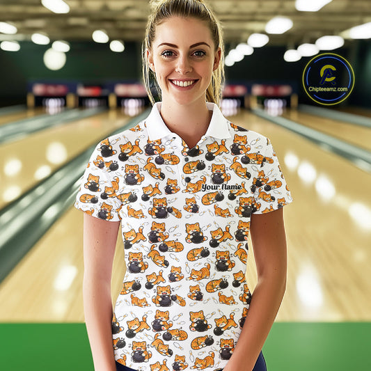 Custom Cute Ginger Tabby Cat Bowling Women Polo Shirts, Cat Bowling Team Shirt IPHW10303