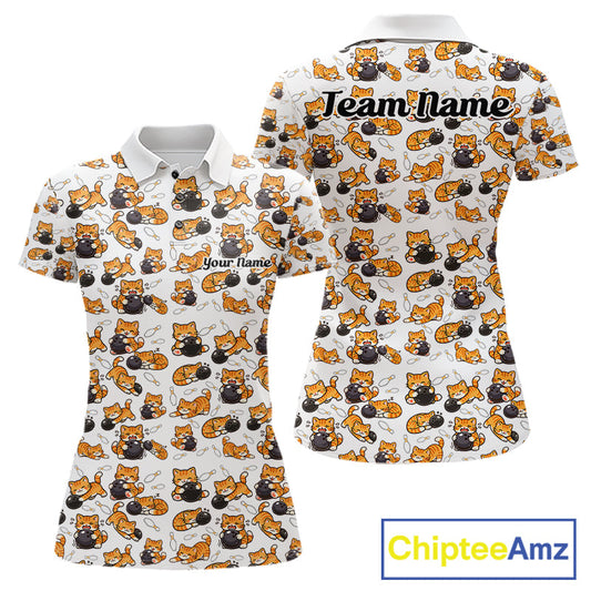 Custom Cute Ginger Tabby Cat Bowling Women Polo Shirts, Cat Bowling Team Shirt IPHW10303