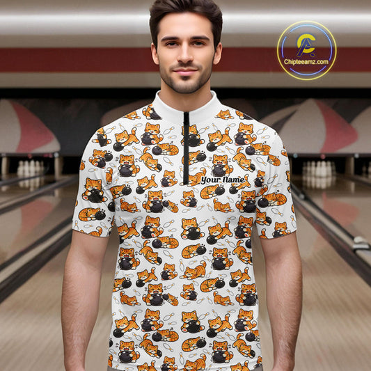 Custom Cute Ginger Tabby Cat Bowling Men Quarter-Zip Shirts, Cat Bowling Team Shirt IPHW10303