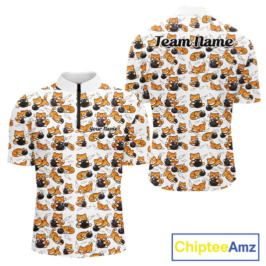 Custom Cute Ginger Tabby Cat Bowling Men Quarter-Zip Shirts, Cat Bowling Team Shirt IPHW10303