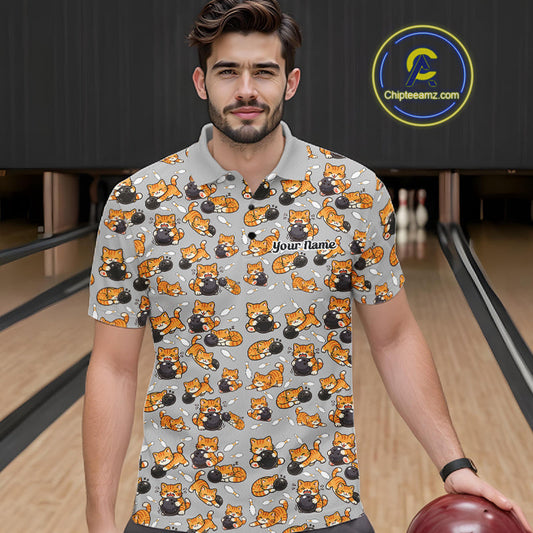 Custom Cute Ginger Tabby Cat Bowling Men Polo Shirts, Cat Bowling Team Shirt IPHW10304