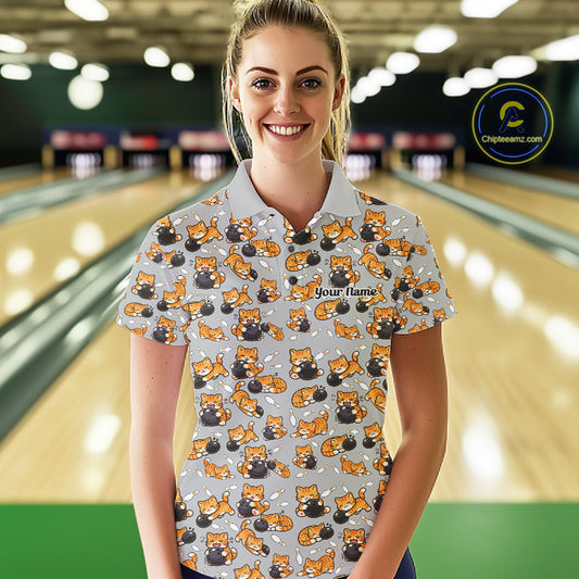 Custom Cute Ginger Tabby Cat Bowling Women Polo Shirts, Cat Bowling Team Shirt IPHW10304