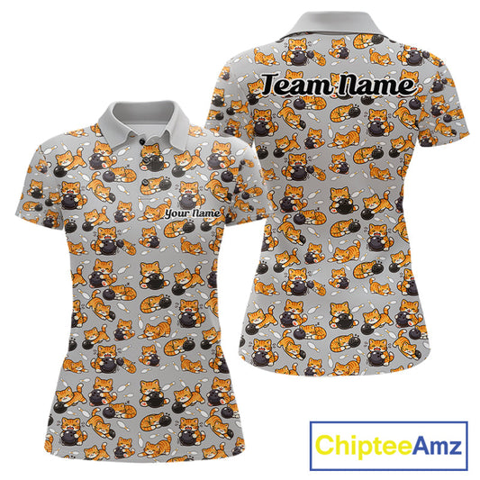 Custom Cute Ginger Tabby Cat Bowling Women Polo Shirts, Cat Bowling Team Shirt IPHW10304