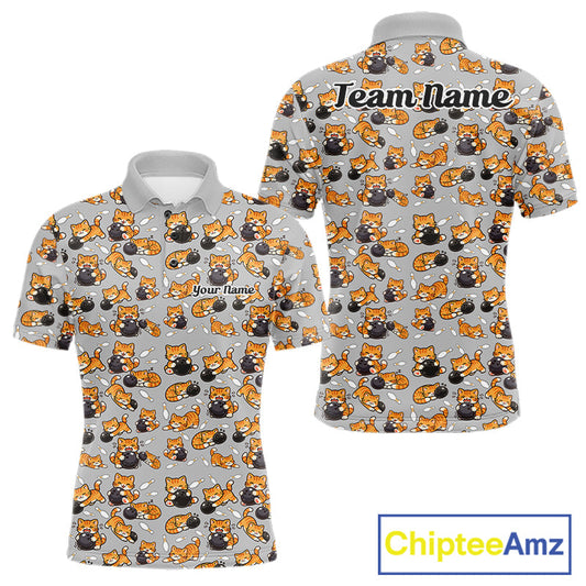 Custom Cute Ginger Tabby Cat Bowling Men Polo Shirts, Cat Bowling Team Shirt IPHW10304