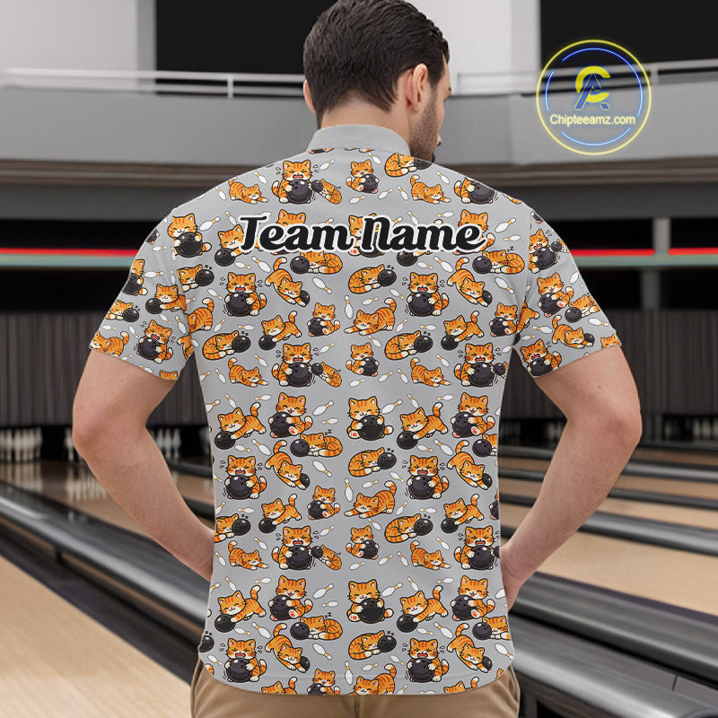 Custom Cute Ginger Tabby Cat Bowling Men Quarter-Zip Shirts, Cat Bowling Team Shirt IPHW10304