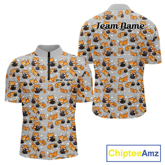 Custom Cute Ginger Tabby Cat Bowling Men Quarter-Zip Shirts, Cat Bowling Team Shirt IPHW10304