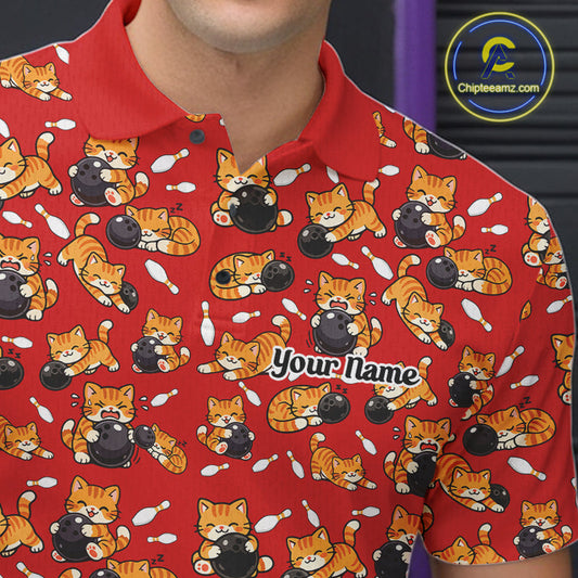 Custom Cute Ginger Tabby Cat Bowling Men Polo Shirts, Cat Bowling Team Shirt IPHW10305