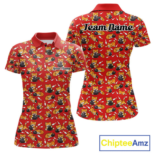 Custom Cute Ginger Tabby Cat Bowling Women Polo Shirts, Cat Bowling Team Shirt IPHW10305