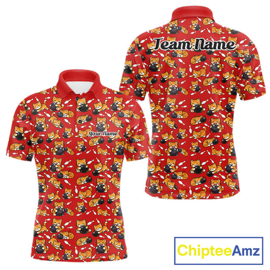 Custom Cute Ginger Tabby Cat Bowling Men Polo Shirts, Cat Bowling Team Shirt IPHW10305