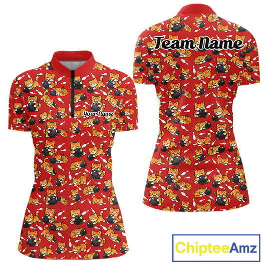 Custom Cute Ginger Tabby Cat Bowling Women Quarter-Zip Shirts, Cat Bowling Team Shirt IPHW10305
