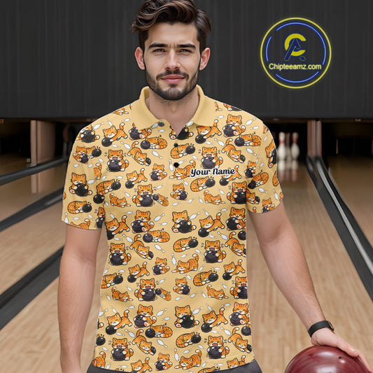 Custom Cute Ginger Tabby Cat Bowling Men Polo Shirts, Cat Bowling Team Shirt IPHW10306