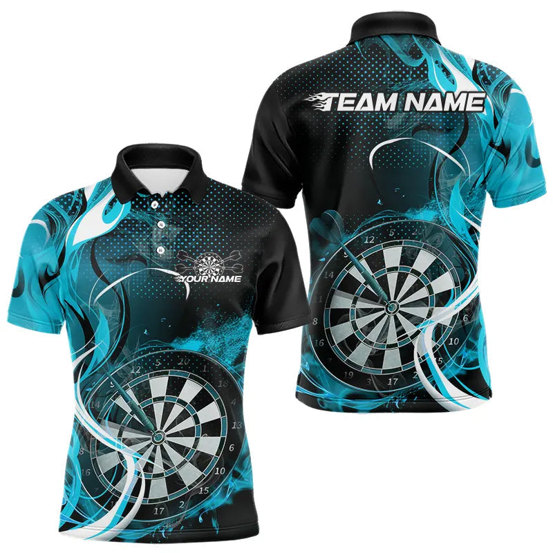 Custom Black And Blue Flame Dart Team Polo Shirts For Men, Dart Tournament Shirts IPHW8503