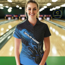 Load image into Gallery viewer, Custom Black And Blue Flame Bowling Team Shirts, Bowling League Shirt Women Bowling Jersey IPHW10575