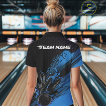 Load image into Gallery viewer, Custom Black And Blue Flame Bowling Team Shirts, Bowling League Shirt Women Bowling Jersey IPHW10575