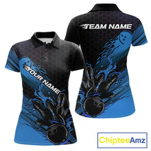 Load image into Gallery viewer, Custom Black And Blue Flame Bowling Team Shirts, Bowling League Shirt Women Bowling Jersey IPHW10575