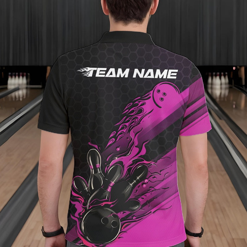 Custom Black And Pink Flame Bowling Team Shirts, Bowling League Shirt Men Bowling Jersey IPHW10576