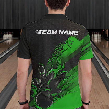 Custom Black And Green Flame Bowling Team Shirts, Bowling League Shirt Men Bowling Jersey IPHW10578