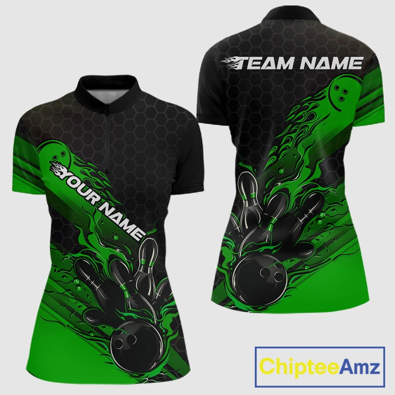 Custom Black And Green Flame Bowling Team Shirts, Bowling League Shirt Women Jersey IPHW10578