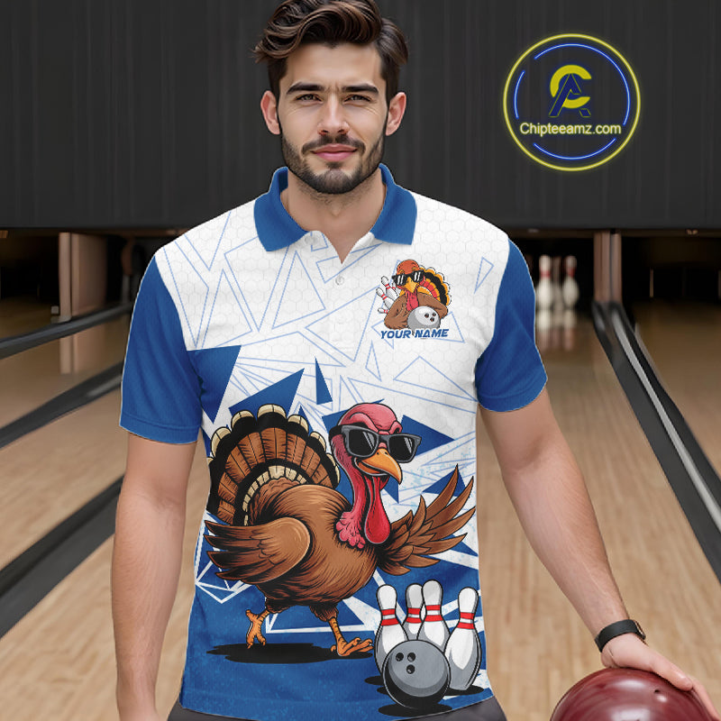 White And Blue Custom Funny Turkey Bowling Men Shirt, Bowling League Team Shirt IPHW10805