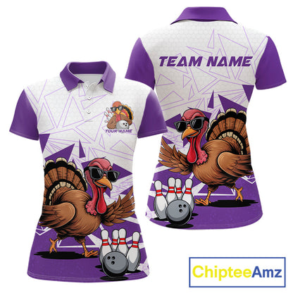 White And Purple Custom Funny Turkey Bowling Women Shirt, Bowling League Team Shirt IPHW10806