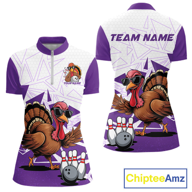 White And Purple Custom Funny Turkey Bowling Women Shirt, Bowling League Team Shirt IPHW10806