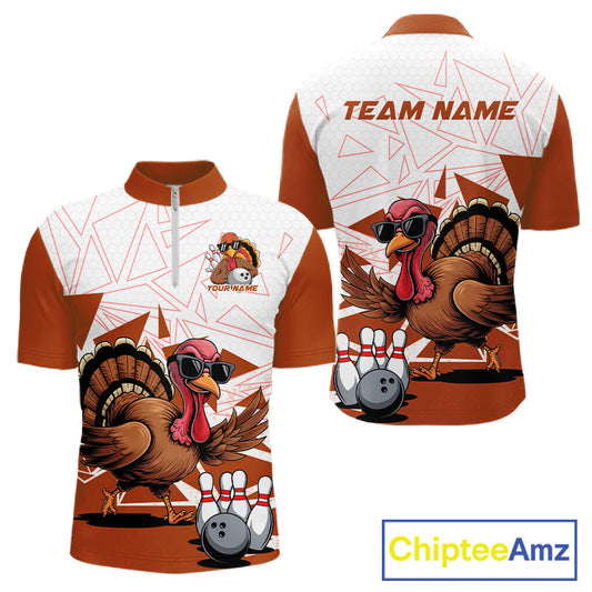 White And Orange Custom Funny Turkey Bowling Men Shirt, Bowling League Team Shirt IPHW10807