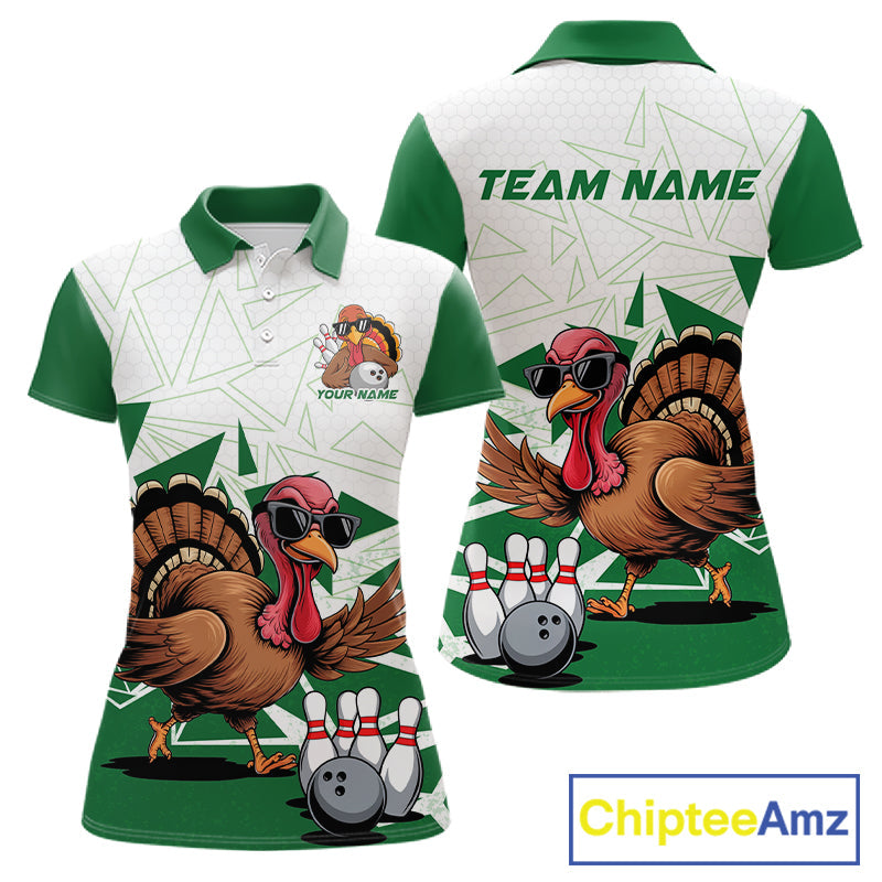 White And Green Custom Funny Turkey Bowling Women Shirt, Bowling League Team Shirt IPHW10808