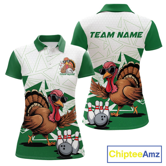 White And Green Custom Funny Turkey Bowling Women Shirt, Bowling League Team Shirt IPHW10808