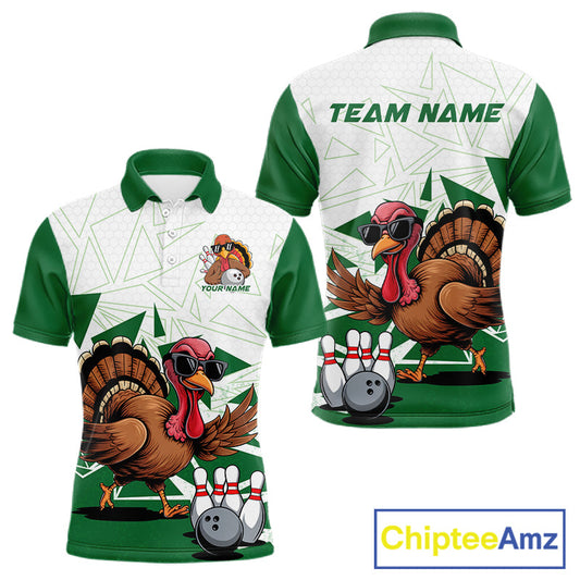 White And Green Custom Funny Turkey Bowling Men Shirt, Bowling League Team Shirt IPHW10808