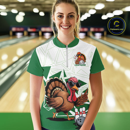 White And Green Custom Funny Turkey Bowling Women Shirt, Bowling League Team Shirt IPHW10808