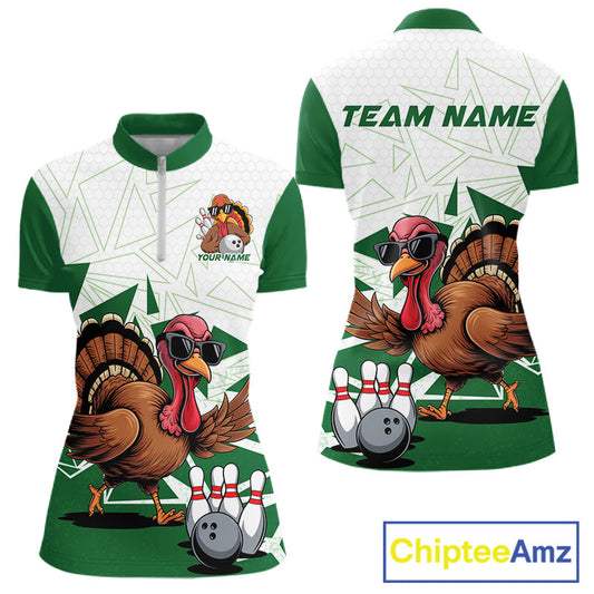 White And Green Custom Funny Turkey Bowling Women Shirt, Bowling League Team Shirt IPHW10808