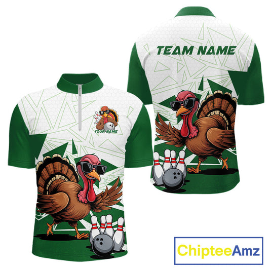 White And Green Custom Funny Turkey Bowling Men Shirt, Bowling League Team Shirt IPHW10808