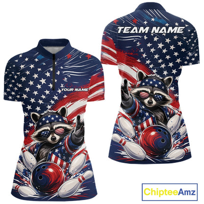Front and back views of a women's bowling quarter-zip shirt mockup featuring a patriotic raccoon flashing a peace sign as a red, white, and blue bowling ball crashes through falling pins with a flowing American flag backdrop.