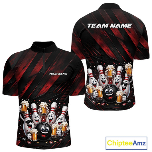 Front and back view of a men's bowling quarter zip shirt mockup featuring festive cartoon bowling balls and pins celebrating with frothy beer mugs, confetti, and bold diagonal stripe artwork on a black and red shirt.