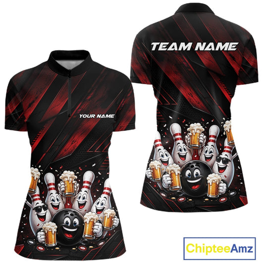 Front and back view of a women's bowling quarter zip mockup featuring funny cartoon bowling balls and pins raising frothy beer mugs with confetti and bold diagonal stripe artwork on a black and red shirt.