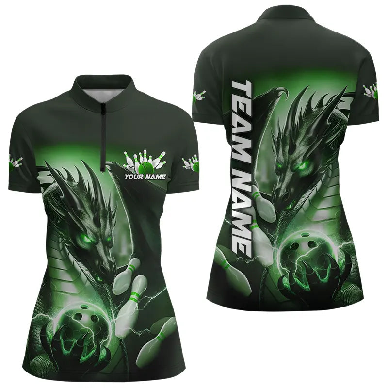 Green Lightning Custom Dragon Bowling Quarter-Zip Shirts For Women, Team Uniform IPHW8259