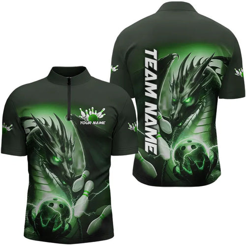 Green Lightning Custom Dragon Bowling Quarter-Zip Shirts For Men, Bowling Tournament Team Uniform IPHW8259