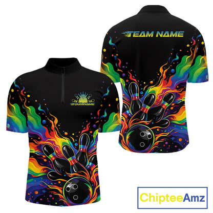 Custom Colorful Rainbow Colors Flame Bowling Men Quarter-Zip Shirt, Bowling Tournament Shirt IPHW10307