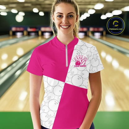 Custom White And Pink Retro Style Bowling Team Shirts For Women, Bowling Jerseys IPHW10603