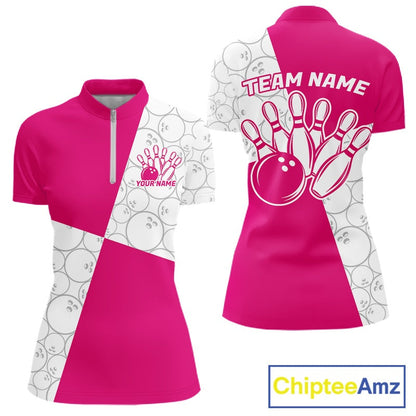 Custom White And Pink Retro Style Bowling Team Shirts For Women, Bowling Jerseys IPHW10603