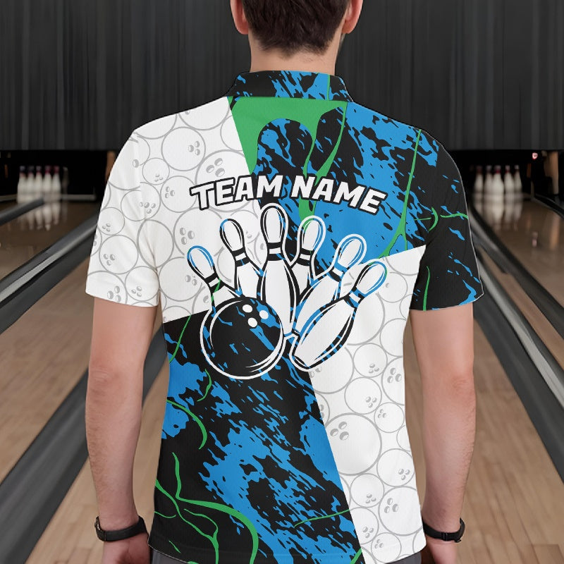 Custom Blue And Green Camo Bowling Team Shirts For Men And Women, Camouflage Bowler Outfit IPHW10607