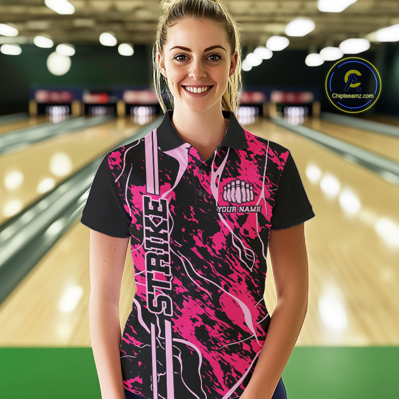 Custom Black And Pink Camo Strike Bowling Shirts Women Bowling Team Jerseys Bowling League IPHW10611