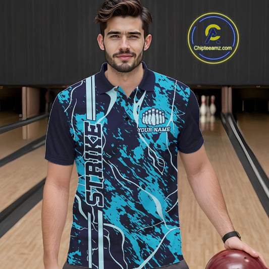 Custom Navy And Cyan Blue Camo Strike Bowling Shirt Men Bowling Team Jersey Bowling League IPHW10612