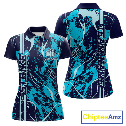 Custom Navy And Cyan Blue Camo Strike Bowling Shirt Women Bowling Team Jersey Bowling League IPHW10612