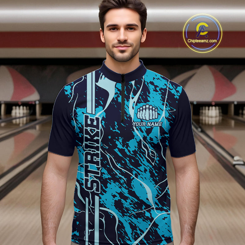 Custom Navy And Cyan Blue Camo Strike Bowling Shirt Men Bowling Team Jersey Bowling League IPHW10612