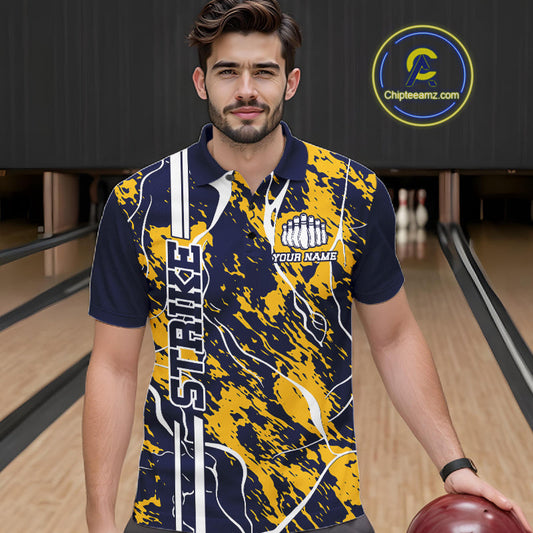 Custom Navy Blue And Yellow Camo Strike Bowling Shirt, Men Bowling League Team Jerseys IPHW10613